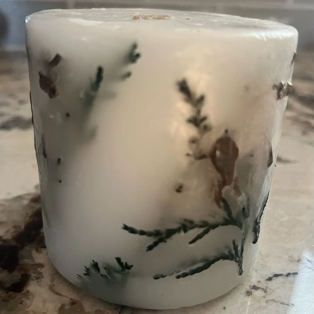 Decorative White Candle with Moose and greenery embedded & Green Leaf Holder.